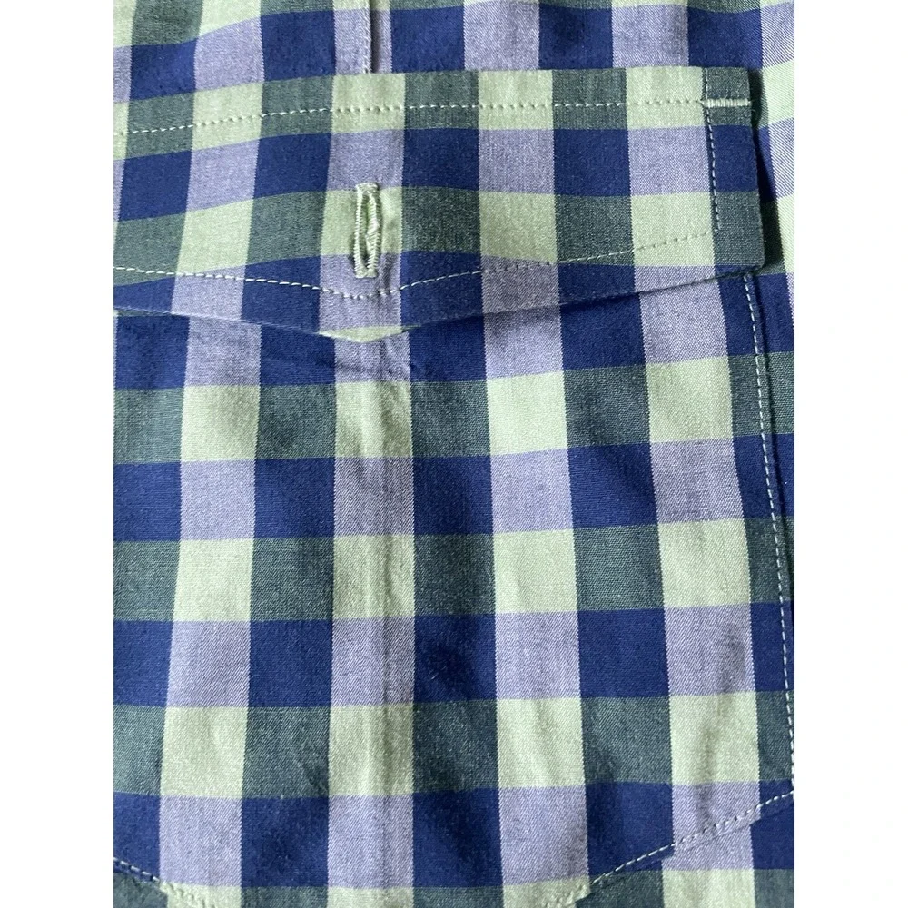 Banana Republic Short Sleeve Button Up Shirt Blue Green Plaid Pocket Large JBHS